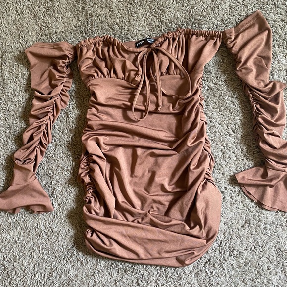 Brown Ruched Mini Dress - Picture 1 of 2